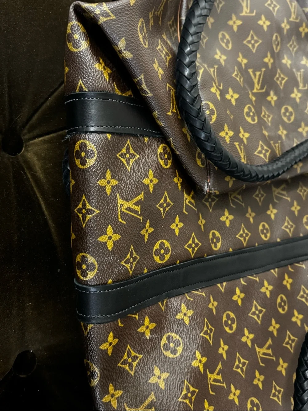 Louis Vuitton Brown Monogram Duffel Bag with Black Braided Handles